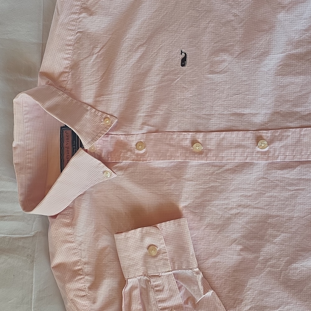 Vineyard Vines Men's Pink White Check Whale Shirt Long Sleeve Button Down L